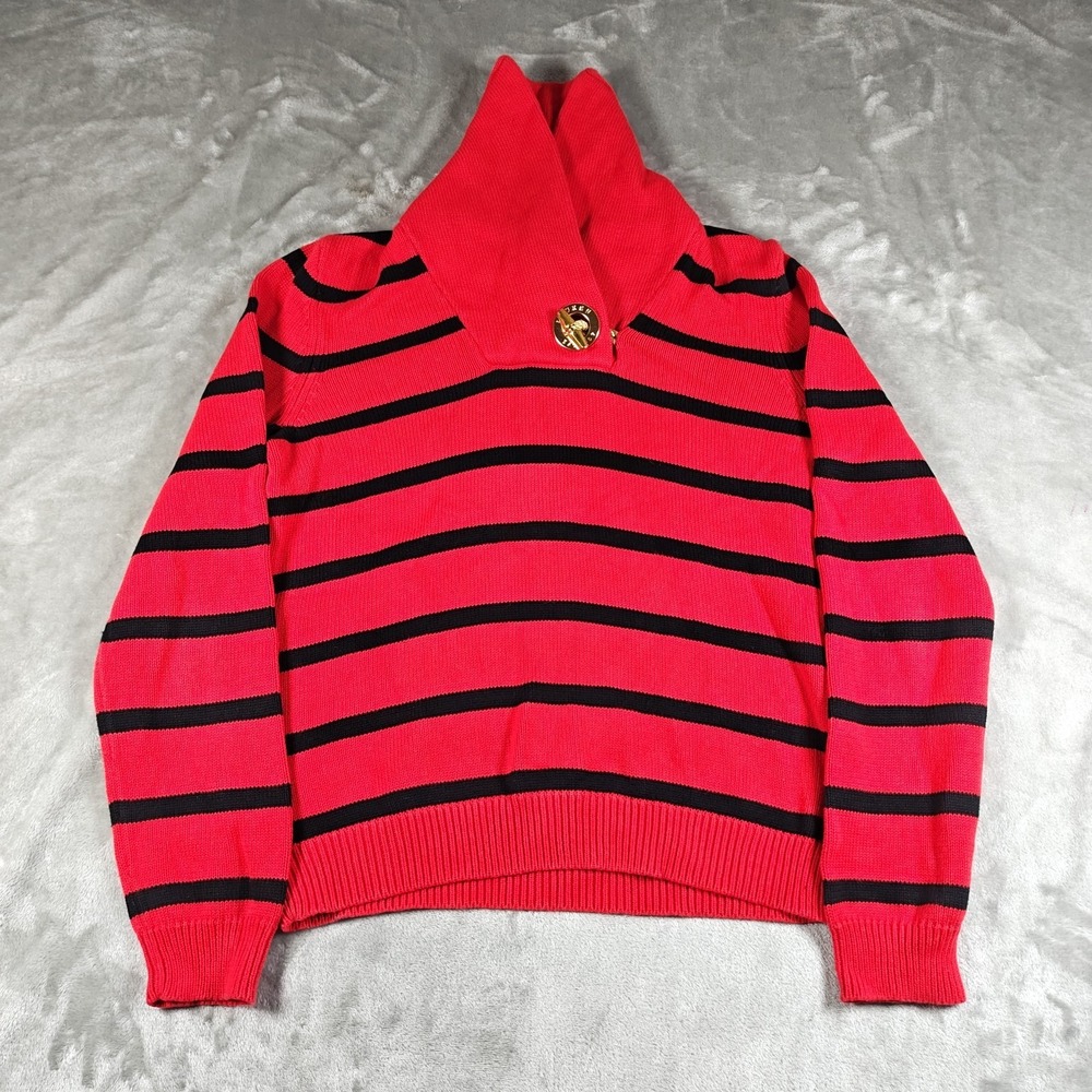 Lauren Ralph Lauren Sweater Womens Medium Red Black Striped Shawl Collar Toggle